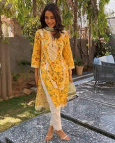 Ready To Wear Yellow Maslin Silk Printed Pant Suit With Dupatta